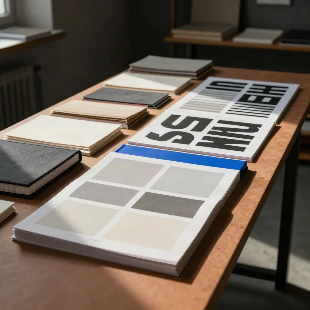 Huisstijl-systeem met kleurstalen, typografieproeven en stijlgids op een studio werkbank.