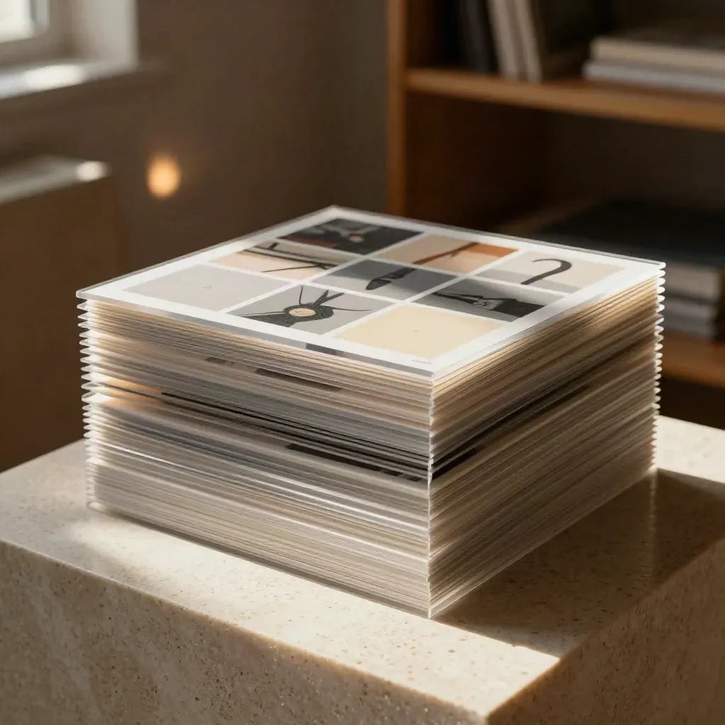 Stapel vierkante content-boards en acryl frames op travertin in warm studio licht.