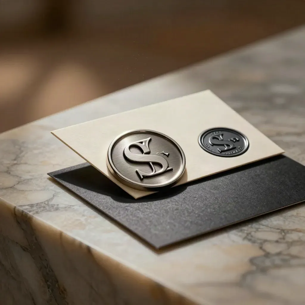 Logo-ontwerp als metalen badge, kaart en proefkaart op marmer in warm licht.