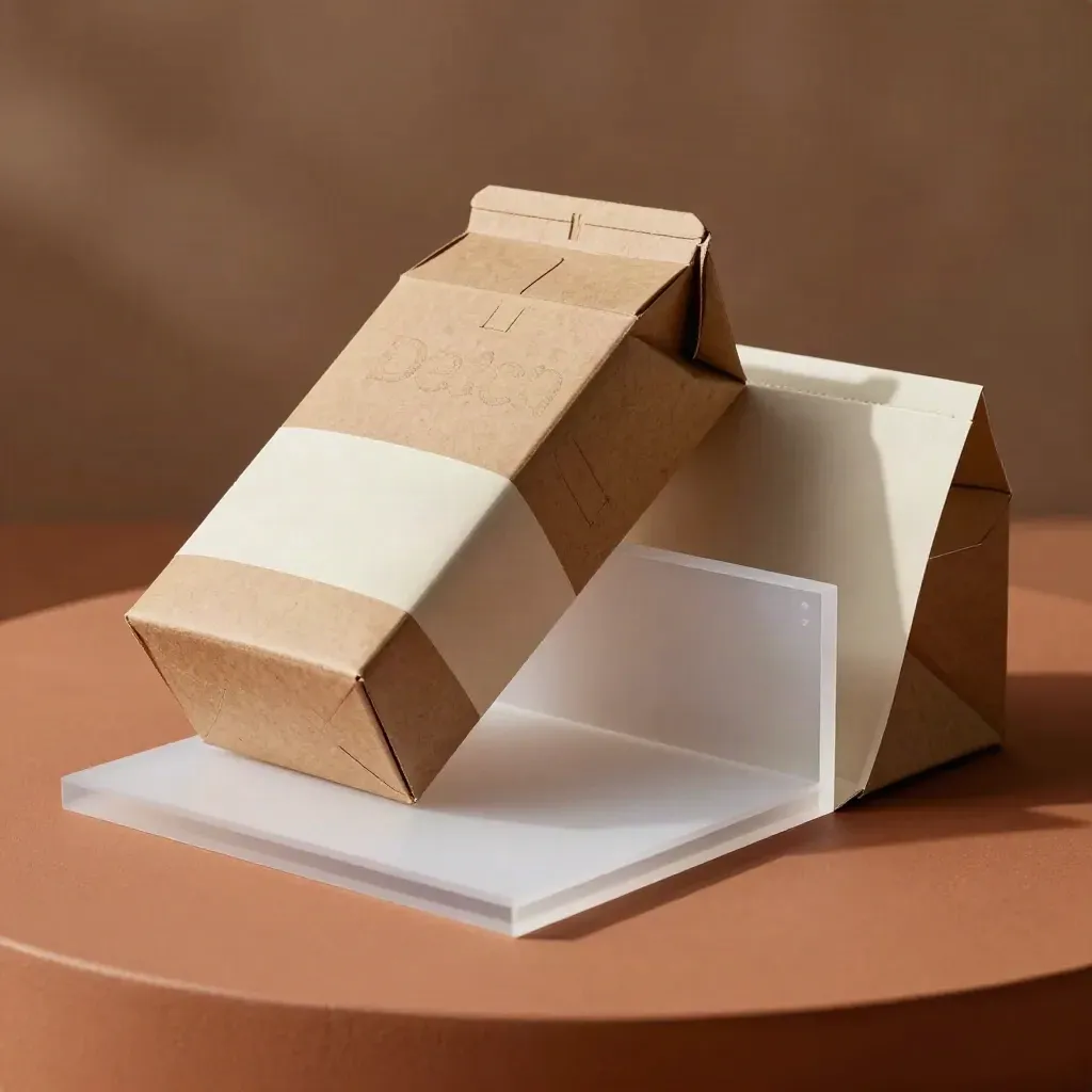 Kartonnen doos-mockup met labelwrap en sleeve op terracotta plint in warm studiozonlicht.