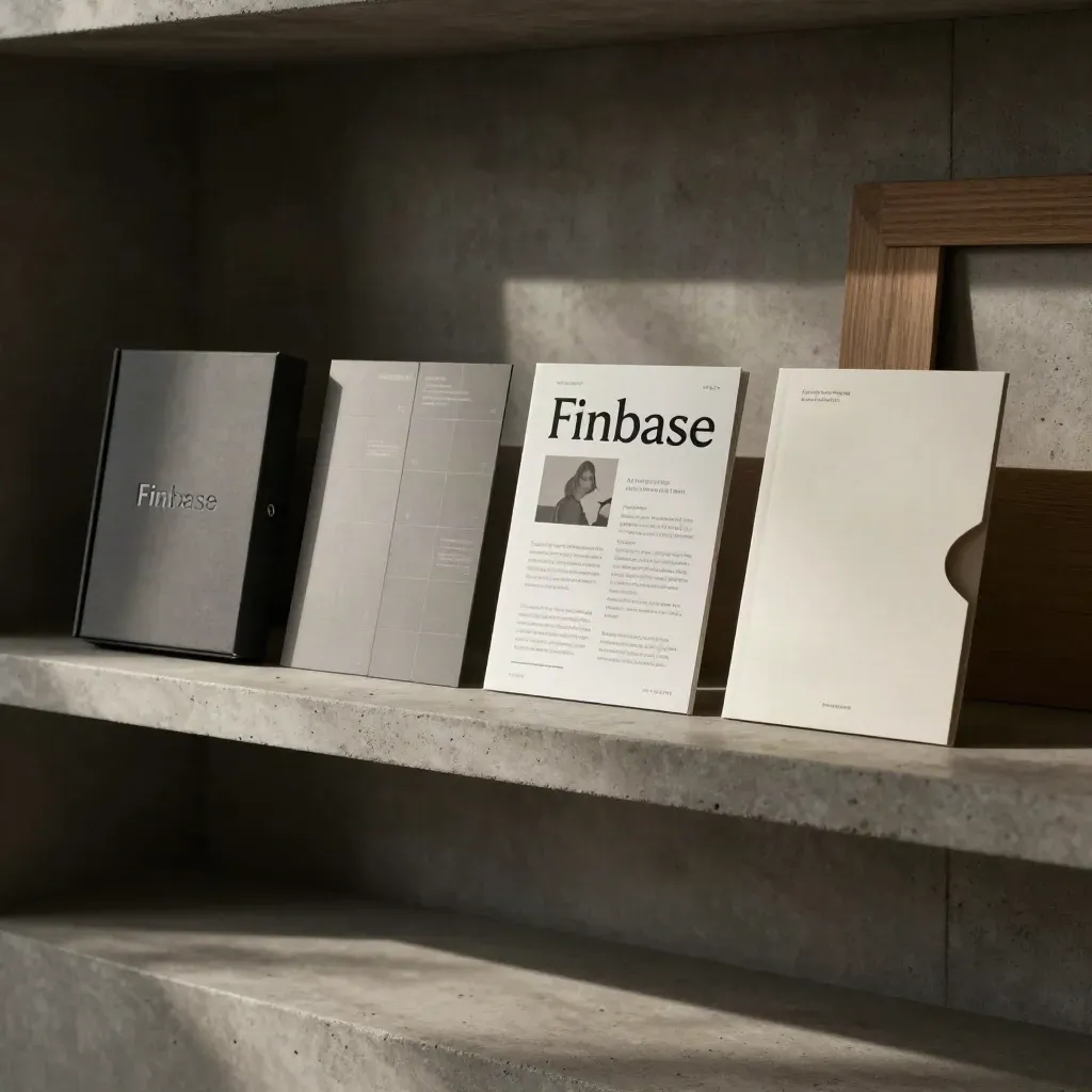 Luxe merkidentiteit van Finbase met mock-ups, tiles en een map op beton.
