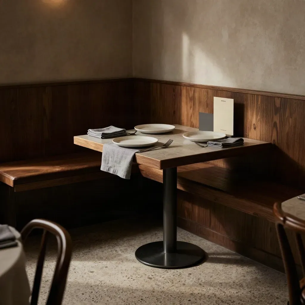 Lege bistrohoek met keramische borden, linnen servetten en menuhouders in warm avondlicht.