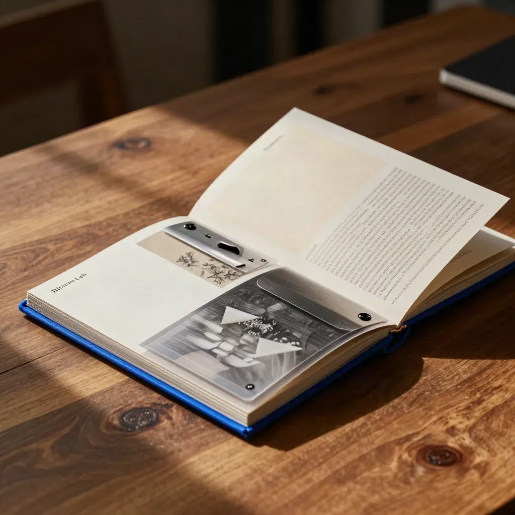 Pitchdeck met tabbladen, presentatiecase en kaartset op een warme houten plank