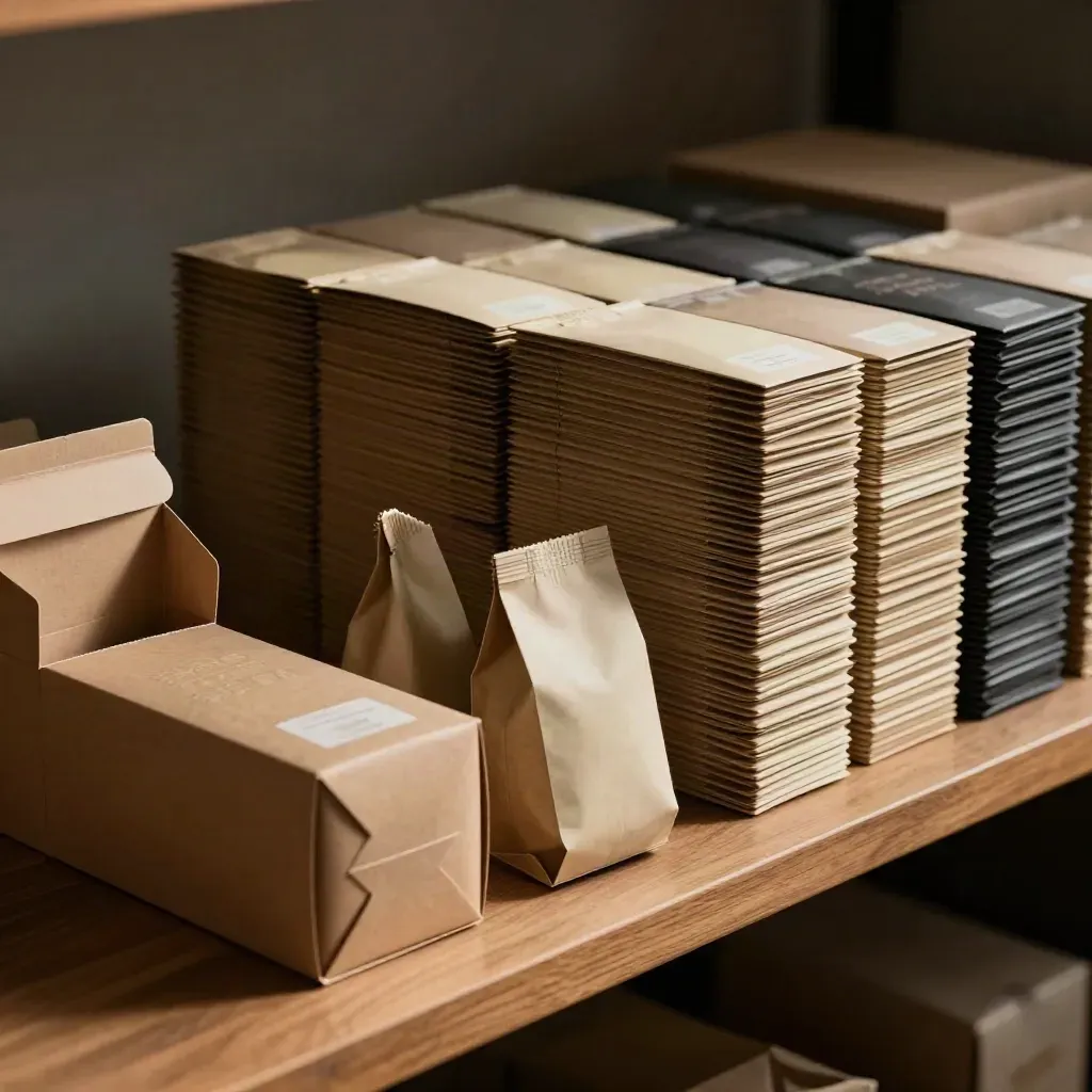 Gestapelde theedozen, labelsleeves en een open proefdoos op een warme plank.