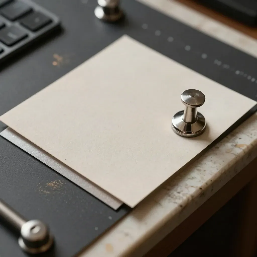 Macro van moodboard-chips met metalen clip op donkere mat, scherp en strak belicht.