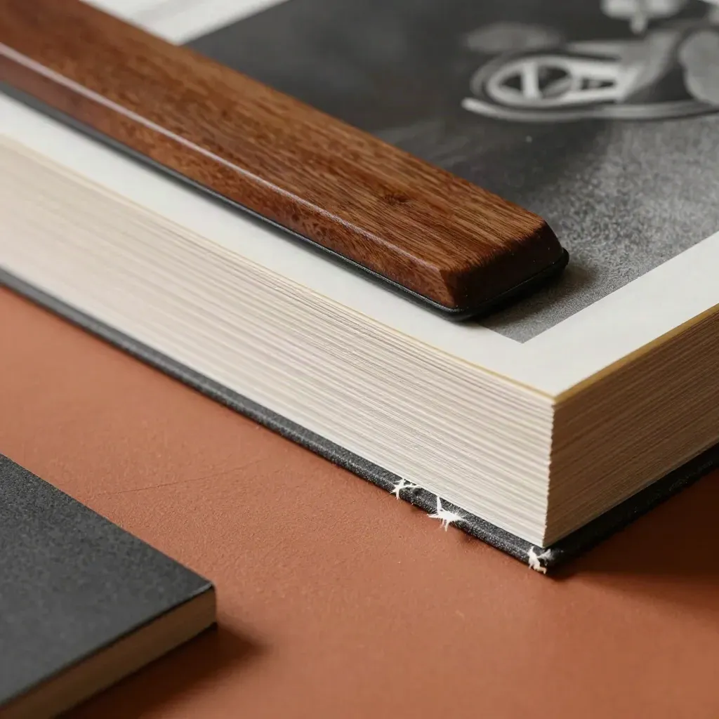 Stilleven van getrimde boekblokken, bone folder en proefpapier op terracotta werkblad.