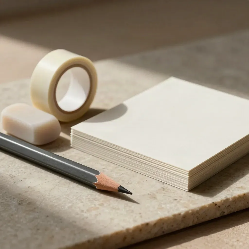 Drafting pencil, gum, tape en mockup-kaarten op een warme kalkstenen ondergrond