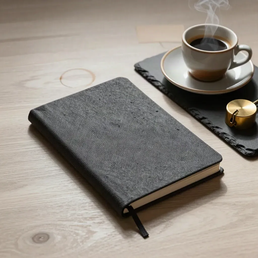 Charcoal notebook met espresso, bronzen paperweight op leien tray met zachte schaduw.