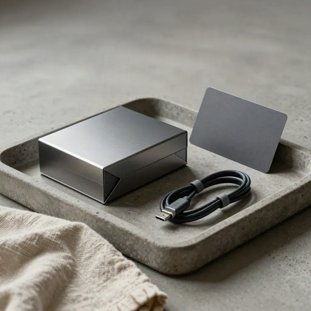 Verzegelde presentatiedoos, foldercase en opgerolde USB-C-kabel op een stenen tray.