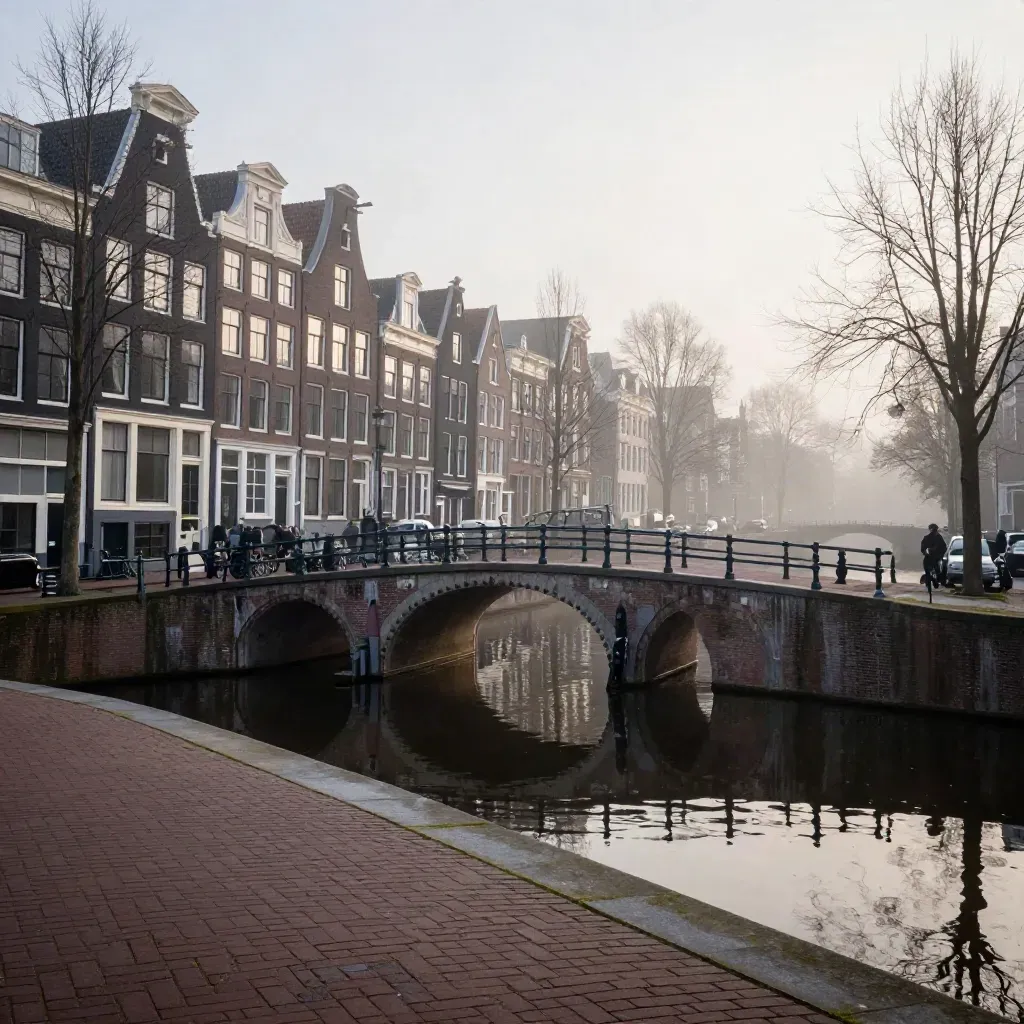 Amsterdamse grachten in de mist met hoge gevels en rustige waterreflecties bij zonsopkomst