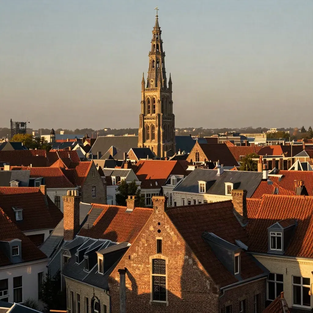 Domtoren boven Utrechtse daken in warm goudlicht met zachte nevel.