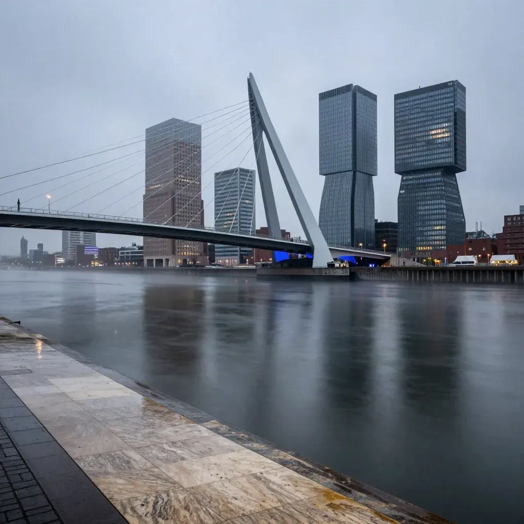 Rotterdam met de Erasmusbrug boven de Maas in blauwe uursmist na regen.