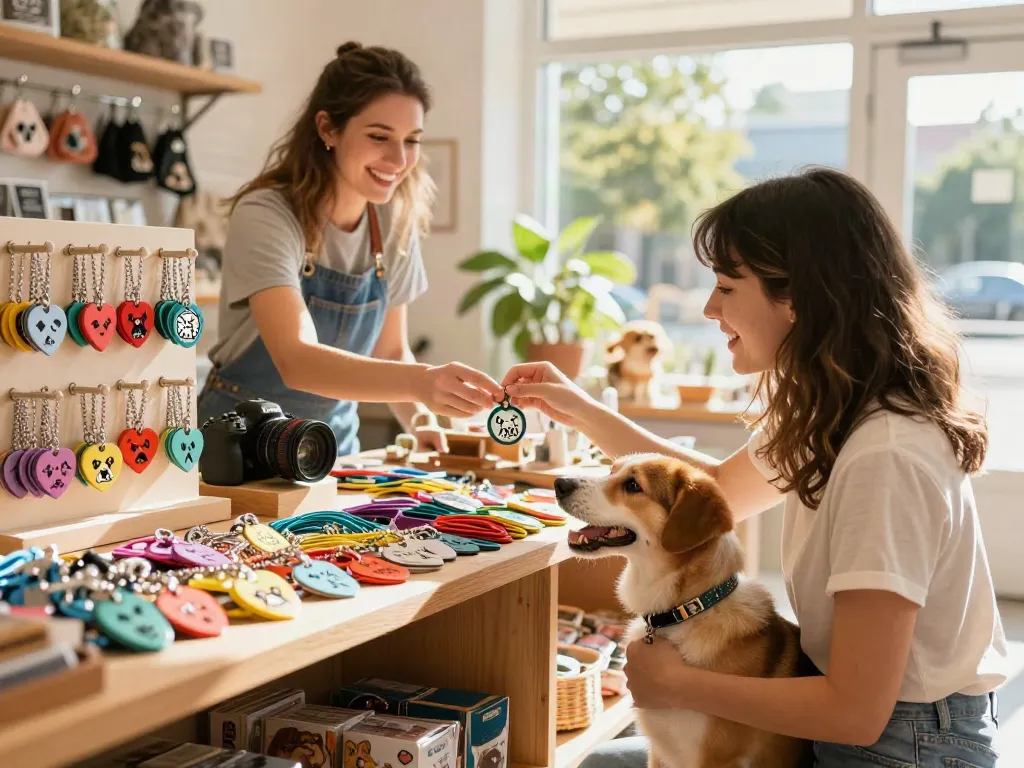 Gepersonaliseerde hondenpenning met gravure in een sfeervolle dierenwinkel